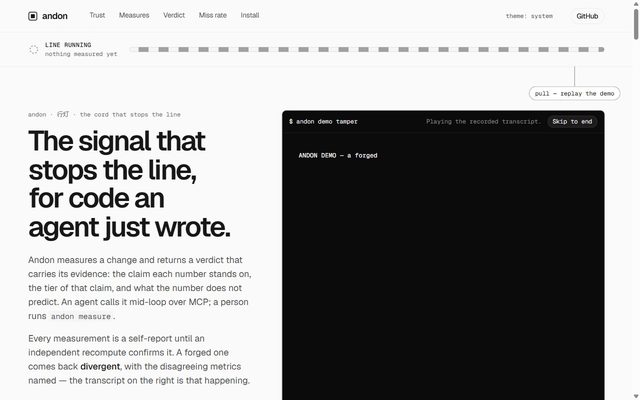 andon landing page beside its recorded tamper demo