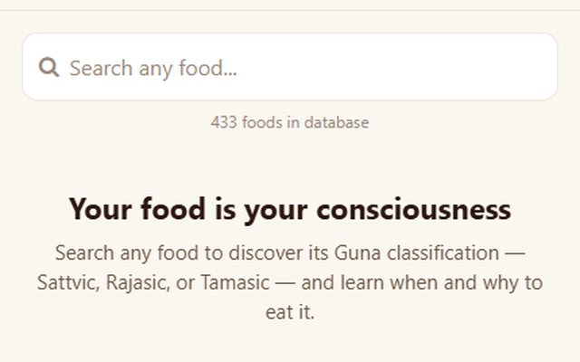 gunafood home screen on iPhone: the food search and tonight's Sattvic suggestions